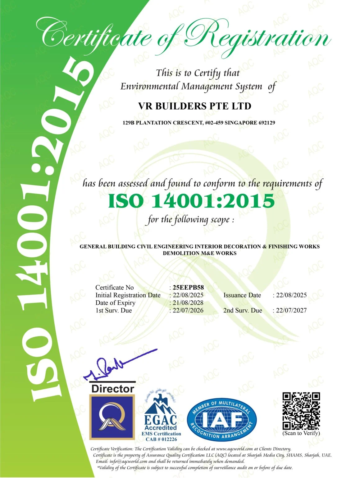 ISO 14001 environmental management certificate
