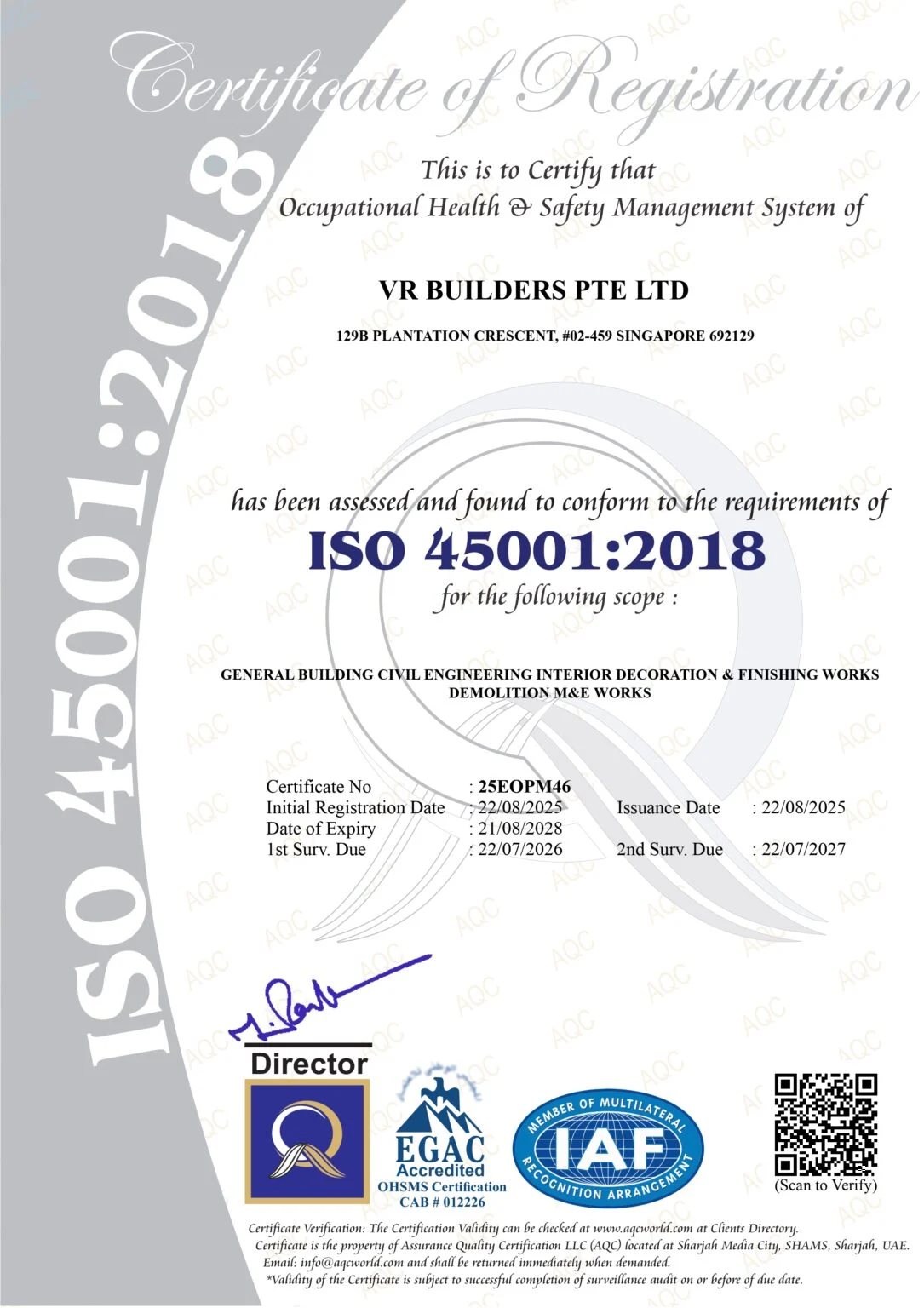 ISO 45001 occupational health and safety certificate