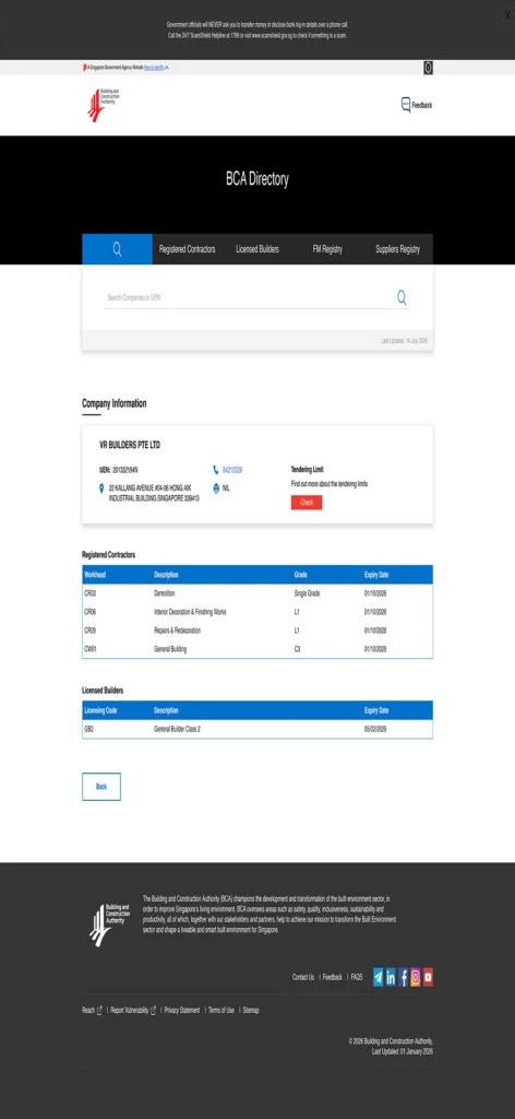 BCA Directory of Registered Contractors listing