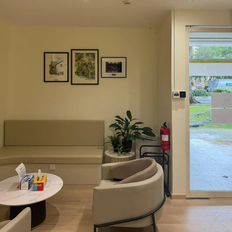 Renovated office reception lounge with sofa seating